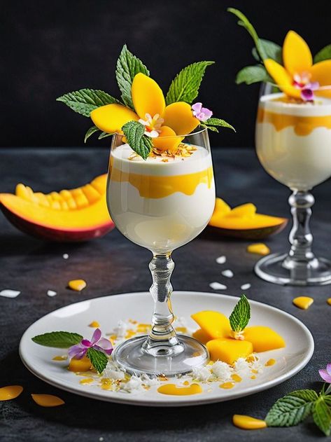 Imagine a dessert that fuses the creaminess of a creamy coconut panna cotta with the tropical sweetness of fresh mango puree This delightful combination is further enhanced by a sprinkle of shredded coconut and a garnish of mint leaves, bringing a refreshing twist to the palate Mango Panna Cotta, Mat Inspiration, Coconut Panna Cotta, Tea Party Sandwiches, Tropical Desserts, Dessert Cups Recipes, Dinner Party Dishes, Desserts In A Glass, Panna Cotta Recipe