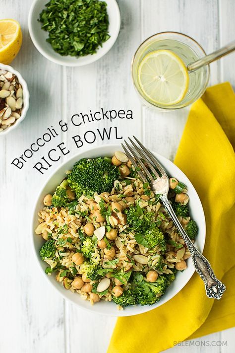 Broccoli & Chickpea Rice Bowl (v/gf) - 86 Lemons Chickpea Rice Bowl, Rice Bowl Vegan, Salad Cilantro, Broccoli Chickpea, Chickpea Rice, Lemons Recipes, Chickpea Quinoa, Vegan Broccoli, Recipe Vegetarian