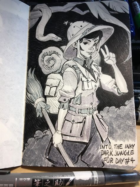 ArtStation - Inktober #4 Jungle Explorer Witch, Artemis, John Polidora Doodles Draw, Jungle Explorer, Jungle Drawing, Jake Parker, Inktober Challenge, Ink Artwork, Concept Art Character, Ink Drawing Illustration, Wow Art