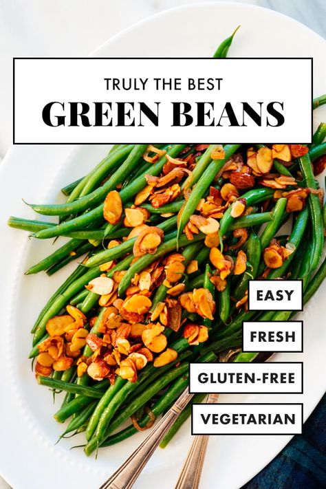 Who knew green beans could be SO delicious?! This green bean recipe will become your new favorite side dish. Inspired by a classic French recipe (haricots verts amandine), these green beans feature buttery toasted almonds, tender shallot and a squeeze of lemon. This recipe is simple enough for weeknight dinners, but fancy enough for the holidays. #greenbeans #thanksgiving #healthy #sidedish #cookieandkate Good Green Bean Recipe, Thanksgiving Healthy, Leftover Green Beans, Green Bean Recipe, The Best Green Beans, Cookie And Kate, Green Beans Recipe, French Recipe, Bean Recipe