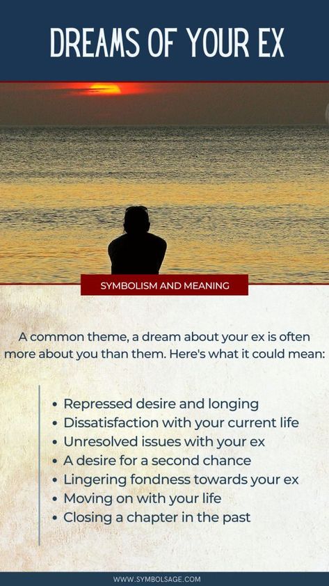 A common theme, a dream about your ex is often more about you than them. It could mean repressed desire and longing, dissatisfaction with your current life, unresolved issues with your ex, a desire for a second chance, lingering fondness towards your ex, moving on with your life, and closing a chapter in the past. #ex #dreams #meaning #symbolism #symbolsage I Love My Ex, Meaning Of Dreams, Let Go Of Someone, Dreams Meaning, Unresolved Issues, Get Ex Back, Face Pores, Supernatural Pictures, Dream Symbols