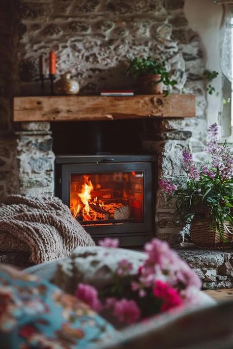 Cozy Cottage Fireplace Ideas for Your Home Retreat Small Cabin Fireplace, Cottage Bedroom With Fireplace, European Cottage Fireplace, Cottage Core Fireplace, Cottagecore Fireplace, English Cottage Fireplace, Cottage Fireplace Ideas, Cozy Cottage Aesthetic, Fireplace Cottage