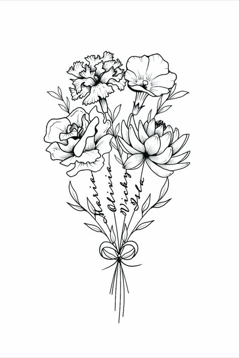 Tattoo Ideas For Child, Aura Tattoos, Birth Flower Tattoo Ideas, Name Flower Tattoo, Tattoos Aesthetic, Flower Bouquet Tattoo, Birth Flower Bouquet, Flower Tattoo Ideas, Ink Therapy