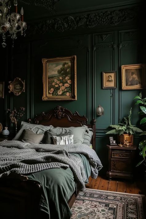 25 Dark Academia Bedroom Ideas You'll Love Dark Teal Bedroom, Dark Academia Bedroom, Dark Academia Interior, Dark Green Rooms, Academia Bedroom, Vintage Bedroom Ideas, Tiny House Bedroom, Vintage Bedroom Decor, Teal Bedroom