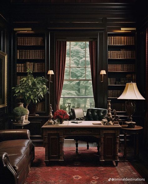 Vintage Modern Office Aesthetic, Dark Wood Room Aesthetic, Dark Academia Aesthetic Office, Dark Academia Office Aesthetic, Vintage Study Room, Moody Academia, Desk Vibes, Color In Interior Design, Vintage Study