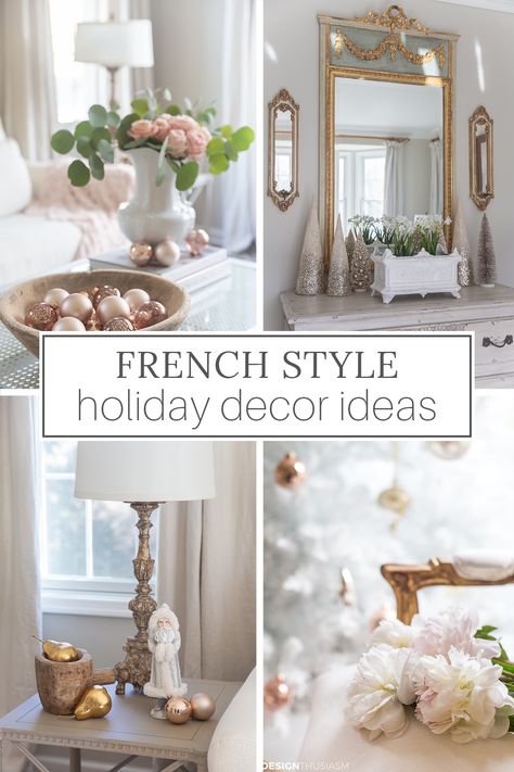 French Country Xmas Decor, French Farmhouse Christmas Tree, French Inspired Christmas Tree, Parisian Christmas Decor, French Country Christmas Tree, French Country Mantle, French Coubtry Fireplace, Modern French Farmhouse Decor, Modern French Country Decorating