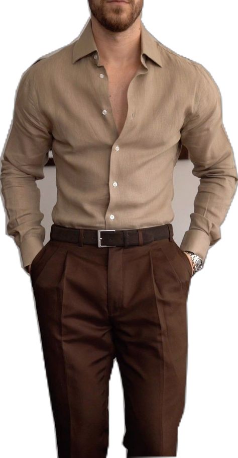 Brown Business Casual Outfits Men, Business School Aesthetic Outfits, Brown Casual Outfit Men, Formal Outfit Ideas Men, Brown Button Up Shirt Outfit Men, Mens Brown Pants Outfit, Men Brown Pants Outfit, Men’s Business Attire, Brown Jeans Outfit Mens