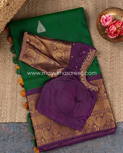 Blouse Designs For Border Blouse, Copper Border Blouse Designs, Copper Saree Blouse Designs, Gadwal Saree Blouse Designs, Wine Saree, Green Silk Saree, Gadwal Sarees, Pure Silk Saree, Chaniya Choli