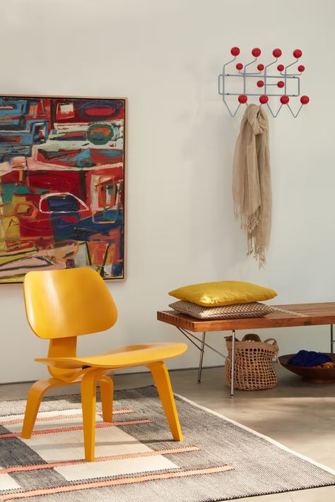 New Eames Hang-It-All and LCW Chair from Herman Miller | Hypebeast Eames Hang It All, Lcw Chair, Molded Plywood Chair, Plywood Lounge Chair, Modern Storage Furniture, Mid Century Office, Colorful Desk, Office Decor Professional, Office Shelving