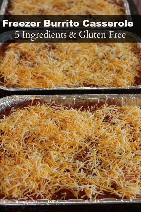 Mexican meals are great freezer meals. This Freezer Burrito Casserole is easy to make, contains 5 ingredients, and is gluten free! Freezer Meal Taco Casserole, Freezer Friendly Dinner Recipes, Mexican Casserole To Freeze, Lactose Free Freezer Meals, Freezer Taco Bake, Taco Bake Freezer Meal, Frozen Burrito Recipe Dinners, Freezer Meal Vegetarian, Easy Gluten Free Freezer Meals