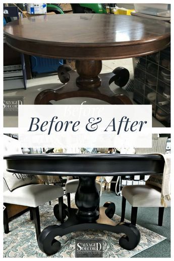 Before & After – See how we Transform this Kitchen Table using Baltic Black from Paint Couture. Plus a few tips for a smooth finish! | Salvaged Decor Refurbished Kitchen Tables, Chalk Paint Kitchen Table, Black Dining Room Table, Ikea Black, Black Kitchen Table, Black Round Dining Table, Painted Kitchen Tables, Salvaged Decor, Black Painted Furniture