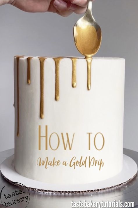 50th Anniversary Cakes Buttercream, White And Gold Drip Cake Birthday, Good Drip Cake, Black And Gold Cake Decoration, Golden Dripping Cake, How To Make Gold Chocolate Drip, How To Make Gold Ganache Drip, How To Cake Drip, Gold Drip On Cake