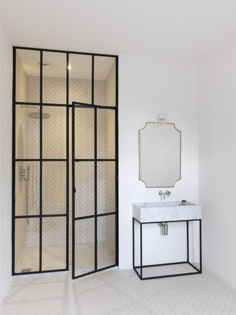 Luxury master bathroom by Studio Maclean West London with steel-framed shower door. Chris Tubbs photo. Ny Bathroom, Room Seperator, Steel Shower Door, Modern Shower Doors, Coastal Shower Doors, Marble Basin, Framed Shower Door, Steel Doors And Windows, Steel Door Design