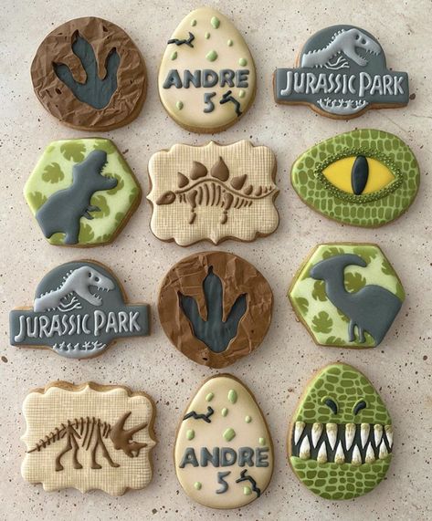 Dinosaur Themed Cookies, Dinosaur Cookies 4th Birthday, Dinosaur Party Cookies, Dinosaur Birthday Party Cookies, Dinosaur Cookies 3rd Birthday, Jurassic Park Cookies Decorated, Jurassic Park Party Cake, Three Rex Cookies, Jurassic Park Party Food