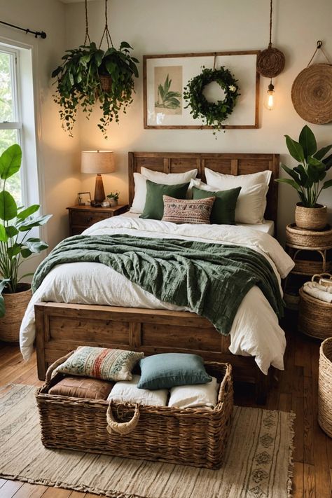 20 Storage Ideas For Your Boho Bedroom Decor – ToolzView Bedroom Interior Boho, Room With Green Bedding, Boho Bedroom Green Accent, Wood Inspired Bedroom, Green And Oak Bedroom, Home Decor Ideas Bedroom Master Suite, Boho Green Room, Green And Brown Room Aesthetic, Woodland Bedroom Ideas