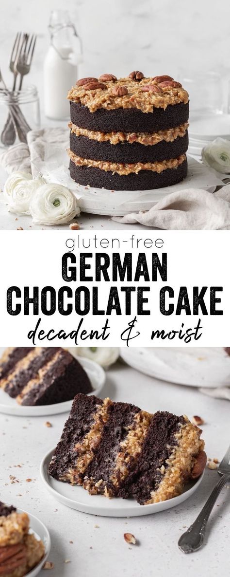 Gluten Free German Chocolate Cake, Super Moist Chocolate Cake, German Chocolate Cake Recipe, Pecan Frosting, Gluten Free Cake Recipe, Gluten Free Chocolate Cake, Tasty Chocolate Cake, German Chocolate Cake, Homemade Gluten Free