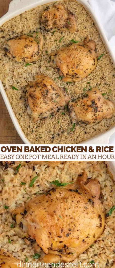 Oven Chicken And Rice, Oven Baked Chicken And Rice, Baked Chicken And Rice, Oven Baked Chicken Thighs, Chicken And Rice Casserole, Easy Chicken And Rice, Rice Casserole Recipes, Easy Rice, Rice Dinner