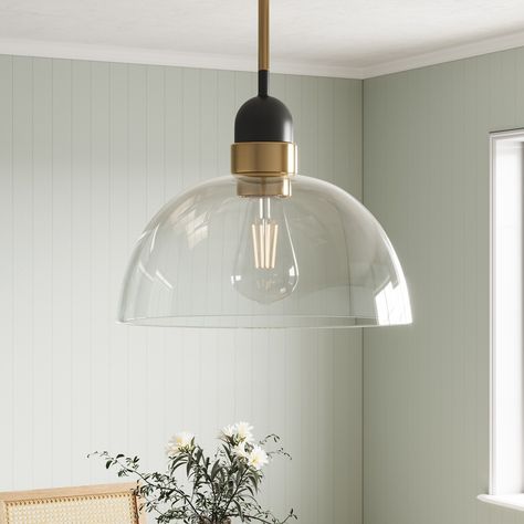 Industrial Matte Black Glass Shade Pendant Light with Brass Finish - Bed Bath & Beyond - 38235244 Mccarthy Glass Pendant, Gold Bathroom Pendant Lighting, Large Glass Kitchen Pendant Lights, Glam Pendant Lights, Glass Kitchen Island Pendant Lights, Island Pendants 8 Ft Ceiling, Kitchen Island Pendents, Modern Rustic Pendant Lighting, Bronze Kitchen Pendant Lights