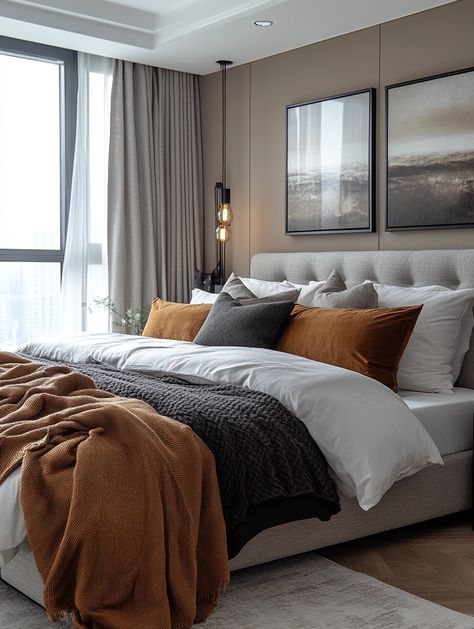 Tan Headboard Bedroom Ideas, Caramel Bedding Decor, Grey And Caramel Bedroom, Grey And Brown Master Bedrooms Decor, Black Grey And Tan Bedroom, Brown Bedroom Ideas Cozy Color Palettes, Gray White And Brown Bedroom, Japandi Bedroom Wall Color, Master Comforter Ideas