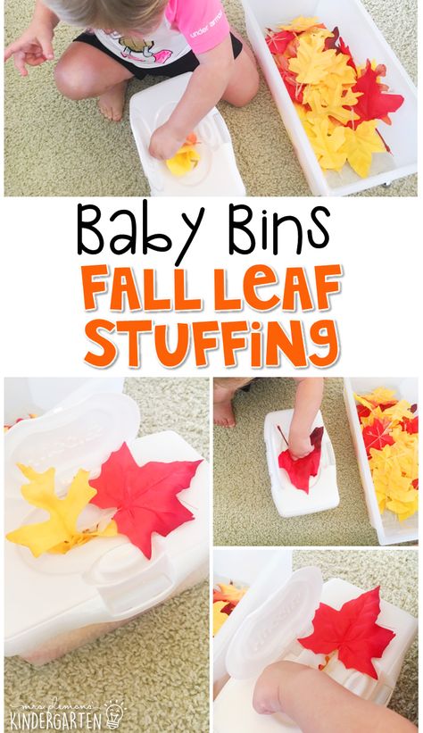 This leaf stuffing activity is great for a fall theme and is completely baby safe way to build fine motor skills. These Baby Bin plans are perfect for learning with little ones between 12-24 months old. Fall Sensory Bin, Fall Activities For Toddlers, Autumn Activity, Fall Lesson Plans, Infant Lesson Plans, Toddler Lessons, Toddler Curriculum, Infant Classroom, Lesson Plans For Toddlers