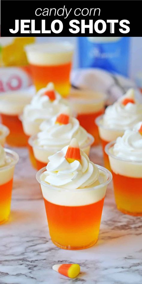 These Candy Corn Jello Shots are delicious and boozy treats with a fun and festive look. Gelatin layers in yellow, orange, and white make this shot resemble the candy corn treats that are so popular in the fall. They’re infused with whipped cream vodka, which adds a delicious and sweet whipped cream flavor to complement the fruity Jello. Then, they’re topped with fresh whipped cream and garnished with a candy corn for a cute finishing touch. Candy Corn Jello, Candy Corn Jello Shots, Halloween Jello Shots, Halloween Jello, Halloween Punch, Jello Shot Recipes, Adult Halloween Party, Halloween Cocktails, Halloween Cake