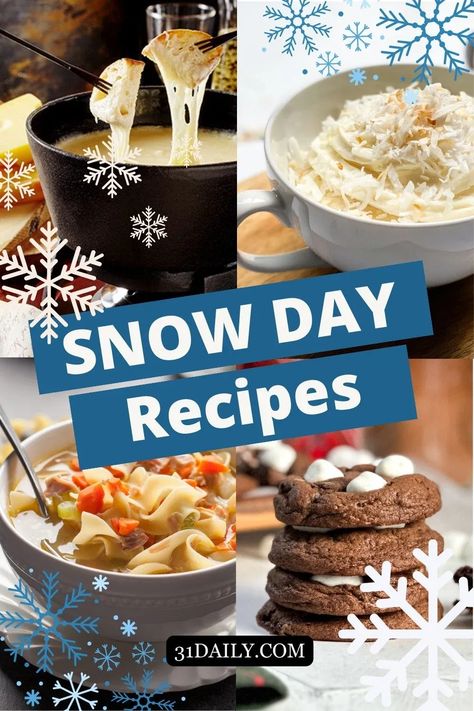 Snowy days call for easy Snow Day winter recipes that are fun to make and delicious to enjoy, whether sweet or savory. Find snacks, desserts, lunch ideas, winter dinner recipes and more! These simple recipe ideas will warm your toes and make snow days one to remember! Snowed In Food Ideas, Snow Day Baking Ideas, Snowed In Food, Warm Foods For Cold Days, Snowed In Recipes, Snow Day Baking, Snow Themed Desserts, Cold Weather Snacks, Snowed In Meals