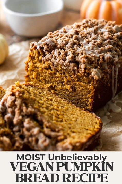 Super moist and tender, this vegan pumpkin bread recipe is truly made in one bowl and honestly rivals the Starbucks pumpkin loaf. Perfectly spiced and topped with either a cinnamon streusel or vegan cream cheese icing for the moist MOIST and soft pumpkin bread you'll ever have, vegan or not! Starbucks Pumpkin Loaf, Vegan Cream Cheese Icing, Vegan Pumpkin Bread, Healthy Pumpkin Bread, Vegan Pumpkin Recipes, Pumpkin Loaf, Vegan Baking Recipes, Cinnamon Streusel, Vegan Cream