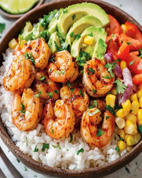 Fiesta Shrimp Rice Bowl Recipe - Quick, Easy, and Delicious Easy Shrimp Rice Bowls, Shrimp Recipes Bowl, Healthy Eating Shrimp Recipes, Avocado Shrimp Bowl, Prawn Dinner Recipes Healthy, New Healthy Recipes For Dinner, Mexican Shrimp Rice Bowls, Mexican Rice With Shrimp, Keto Shrimp Taco Bowl