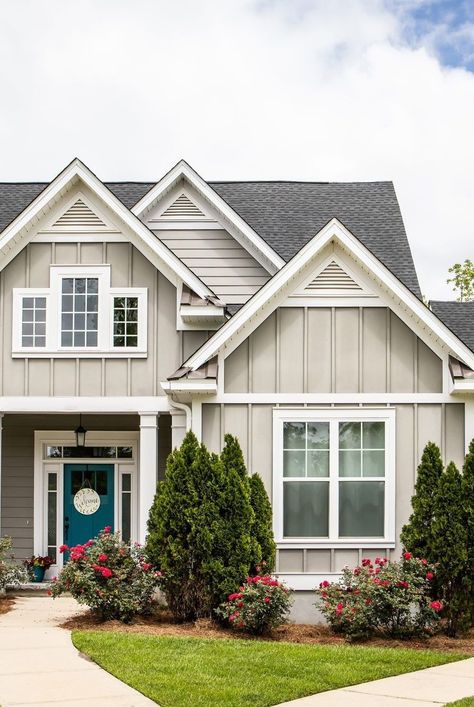 Vertical Siding Exterior Ranch Style, Exterior House Board And Batten, Exterior Siding Ideas For Small House, Board And Batten Beach House Exterior, Homes With Board And Batten Siding, Hardie Board Siding Bungalow, House Exterior Material Ideas, Colored Board And Batten Exterior, Cream Color Farmhouse Exterior