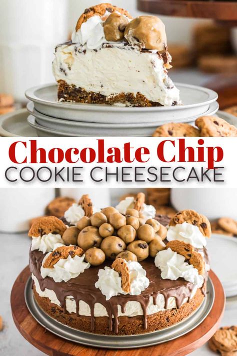 This Chocolate Chip Cookie Dough Cheesecake is a fusion of two beloved desserts. Imagine a rich, creamy cheesecake filling studded with chocolate chips, sitting atop a delectable cookie dough crust, and crowned with a luscious chocolate drip. #cookiedough #cheesecake #nobakecheesecake #chocolate #chocolatechipcookie #cheesecakelovers Cheesecakes Recipes, Chocolate Chip Cookie Dough Cheesecake, Cookie Dough Crust, Chocolate Chip Cookie Cheesecake, Cookie Cheesecake, Cookie Dough Cheesecake, Ultimate Chocolate Chip Cookie, Cheesecake Lovers, Cheesecake Filling