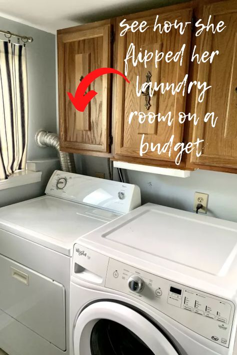 Check out she made her small laundry room more functional with this DIY laundry room upgrade. We love this laundry room makeover on a budget. Cheap Laundry Room Makeover, Laundry Shelving, Diy Laundry Room Cabinets, Small Laundry Closet, Laundry Room Paint, Laundry Room Update, Laundry Room Colors, Laundry Makeover, Blue Laundry Rooms