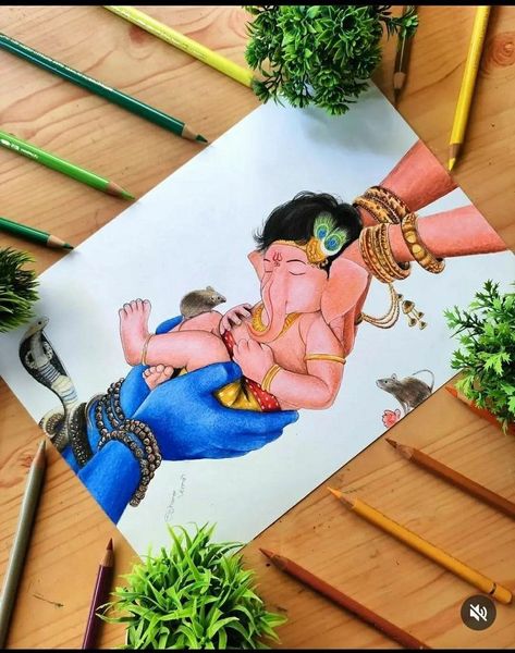 Creative Ganesha Painting, Cute Ganpati Bappa Sketch, Ganpati Colour Pencil Drawing, Ganpati Painting Ideas, Indian Sketch Art, Ganesh Bhagwan Drawing, Shiv Ji And Parvati Ji Drawing, Ganpati Drawing Ideas, Ganpati Bappa Painting On Canvas Art