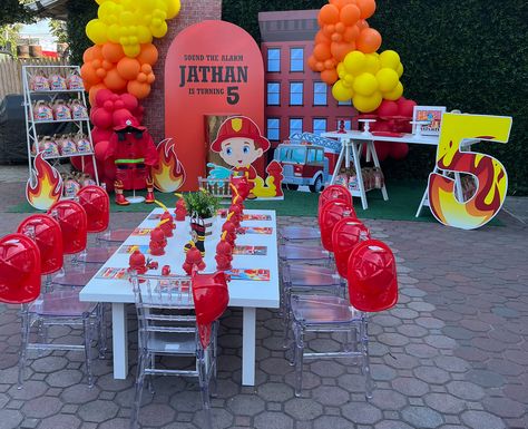 Fire Fighter Theme Party, Fire Truck Birthday Backdrop, Firefighter Birthday Backdrop, Fire Station Party, Fire Truck Themed Birthday Party, Fire Fighter Birthday Theme, Fireman Cookies, Fire Truck Birthday Party Ideas, Police Themed Birthday Party