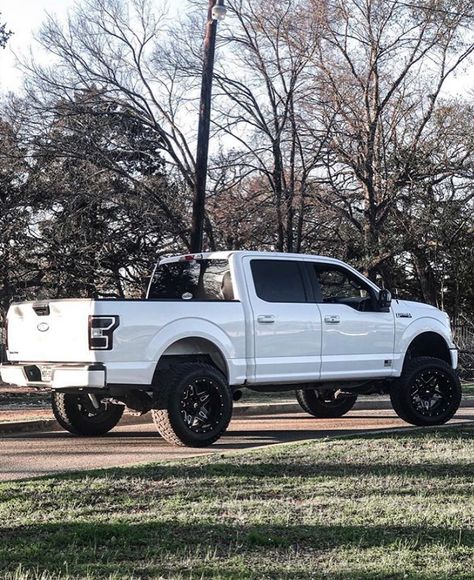 Ford F-150 Jacked Up Ford F150, Truck Ford F150, Ford 150 Trucks, Ford F150 Aesthetic, 2018 Ford F150 Lifted, White Ford F150, Ford F 150 Pickup Truck Accessories, White Truck Aesthetic, Lifted Ford Trucks F150