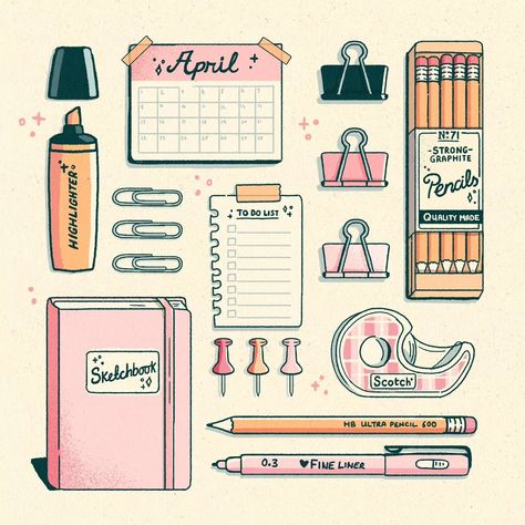 Stationary Illustration, Journal Illustrations, Cute Sticker Sheets, Notebook Illustration, Stationary Aesthetic, Stationery Drawing, Doodle Aesthetic, Journal Illustration, Planner Doodles