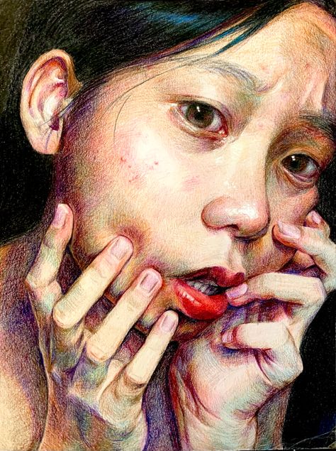 ap art piece :P Art About Obsession, Ap Art Inquiry Questions, Portfolio Self Portrait, Adolescence Drawing, Ap Art Painting, Higher Art Expressive Folio Portraiture, Ap Drawing Ideas, Academic Pressure Art, Ap 2d Art Portfolio