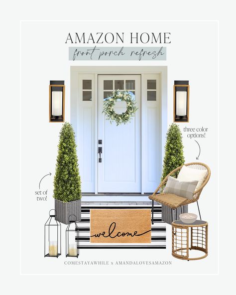 Neutral front porch refresh decor. Affordable front porch decor for modern farmhouse style. Budget-friendly home furnishings for Spring. Front porch decor inspo. Spring porch decor. Front porch design. Front porch layout. Follow Comestayawhile for authentic, realistic DIY from a self taught mom working hard to upgrade her neutral modern farmhouse home on a budget. Follow Amandalovesamazon for all the best deals on neutral home decor, trending fashion finds, and budget friendly beauty items. Front Porch Layout, Neutral Front Porch, Front Porch Refresh, Neutral Modern Farmhouse, Spring Front Porch Decor, Porch Refresh, Mom Working, Spring Porch Decor, Front Porch Design