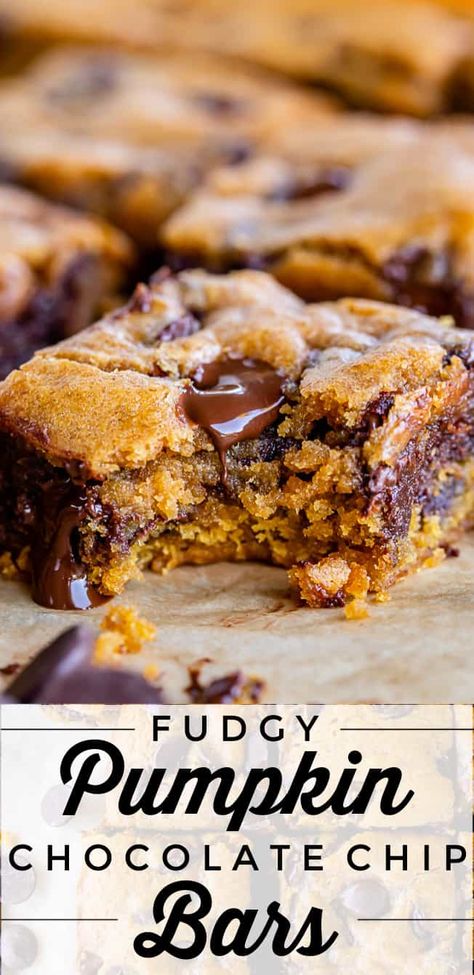 Pumpkin Cookie Bars, Pumpkin Chocolate Chip Bars, Pumpkin Blondies, Fall Sweets, Pumpkin Brownies, The Food Charlatan, Fall Baking Recipes, Recipe Pumpkin, Chocolate Chip Bars