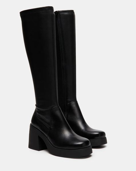 Long Black Platform Boots, Chunky Boots Steve Madden, Platform Tall Black Boots, Black Boots High Knee, Black High Top Boots, Black Boot Going Out Outfit, Black Leather Knee Boots, Steve Madden High Boots, Cute High Boots