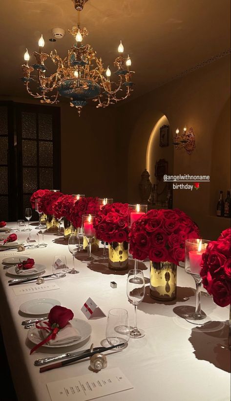 Luxe Party Aesthetic, Red Engagement Party Decorations, Ralph Lauren Party Theme, Red Rose Party Theme, Candle Dinner Party, Red Roses Birthday Party Ideas, Red Rose Birthday Theme, Intimate Dinner Party Decor, Engagement Dinner Ideas