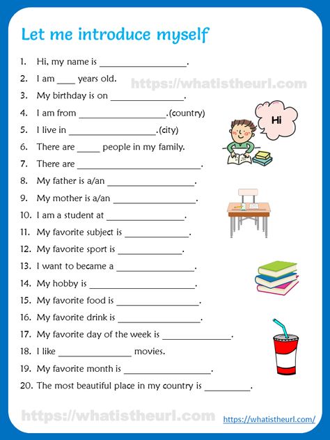 Self Introduction Worksheet for kids Worksheets For Ukg Kids English, Speaking Activities For Preschoolers, Worksheet For Preschool English, Worksheet Activities For Kids, Class 1st English Worksheet, Speaking Activities For Kindergarten, Introduction Worksheets Student, One And Many Worksheet For Class 1, Class Introduction