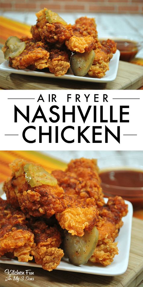 This Air Fryer Nashville Chicken is juicy, crispy and delicious fried chicken brushed with hot sauce for a delicious dinner. Using the Air Fryer means the chicken is super crispy without the mess and effort of deep frying. #Recipes Chicken Airfryer, Airfryer Food, Nashville Chicken, Chicken Kitchen, Air Fried Food, Air Fryer Oven Recipes, Kitchen Fun, Air Fryer Recipes Chicken, Recipe Dinner