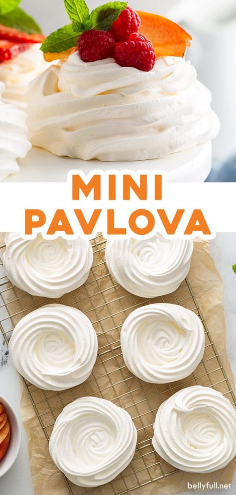 Pavlova is an elegant and beautiful dessert that might look intimidating to make, but is actually incredibly easy! The exterior is crispy, while the inside is soft like marshmallow. Filled with fresh whipped cream and a variety of fruit, this mini Pavlova recipe is a showstopper. Perfect for summer, brunch, after dinner, for the holidays or any occasion! Pavlova Recipe Bluey, Mini Pavlova Recipe Easy, Pavlova Cream Recipe, Meringue Desserts Mini Pavlova, Unusual Desserts Easy, Light And Filling Meals, Pavola Desserts Mini, Sham Torte Dessert Recipes, Gluten Free Pavlova