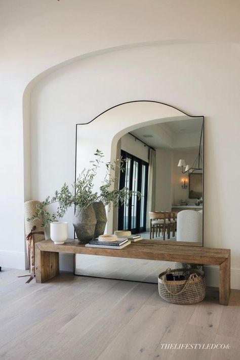 Just Decorate! | Beautiful entryway🪵￼ | Facebook Bench In Front Of Mirror Entryway, Huge Foyer Ideas, Glass Foyer Entrance, Mirror In Entryway Foyer Ideas, Large Entry Wall Ideas, Big Mirror Entryway Ideas, Foyer Bench And Mirror, Foyer Bench Decor, Entry Bench And Mirror