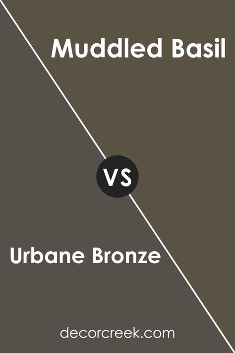 Urbane Bronze SW 7048 by Sherwin Williams vs Muddled Basil SW 7745 by Sherwin Williams Warm Interior Paint Colors, Muddled Basil, Sherwin Williams Green, Green House Exterior, Urbane Bronze, Rustic Color Palettes, Diy Closet Doors, Brown Paint Colors, House Updates