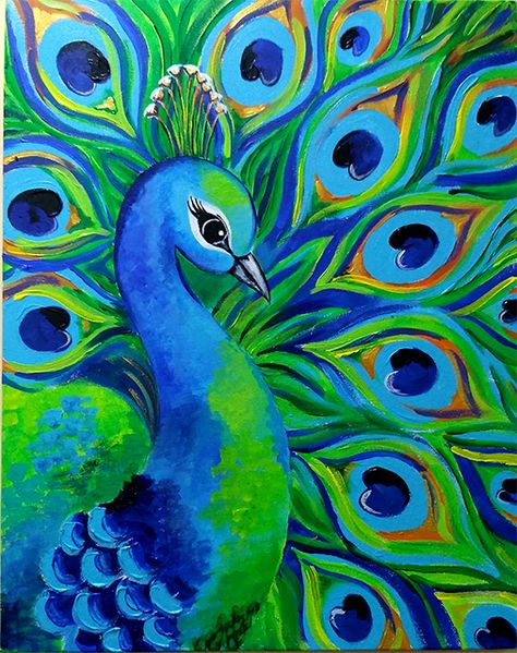 Peacock painted on canvas with acrylic colours. 16" x 18" Bird Painting Acrylic, Peacock Painting, Peacock Art, Oil Pastel Art, Acrylic Painting For Beginners, Acrylic Painting Techniques, Acrylic Painting Tutorials, Simple Acrylic Paintings, Small Canvas Art