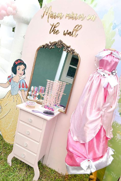 Feast your eyes on this magical princess-themed birthday party! The decor is fabulous! See more party ideas and share yours at CatchMyParty.com Princess Theme Birthday Activities, Disney Princess Birthday Table Decor, Princess Party Dress Up, Princess Themed First Birthday Party, Magical Party Ideas, Elegant Disney Princess Birthday Party, Fancy Princess Party, Pink Princess Party Decorations, 5th Birthday Princess Theme