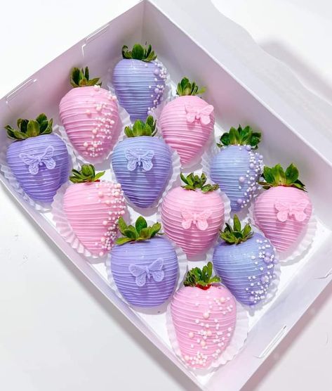 Purple Butterfly Strawberries, Lilac Chocolate Covered Strawberries, Pink And Purple Chocolate Covered Strawberries, Pink And Purple Strawberries, Pink And Purple Chocolate Strawberries, Butterfly Chocolate Covered Strawberries, Butterfly Strawberries, Butterfly Dessert Table, Purple Strawberries