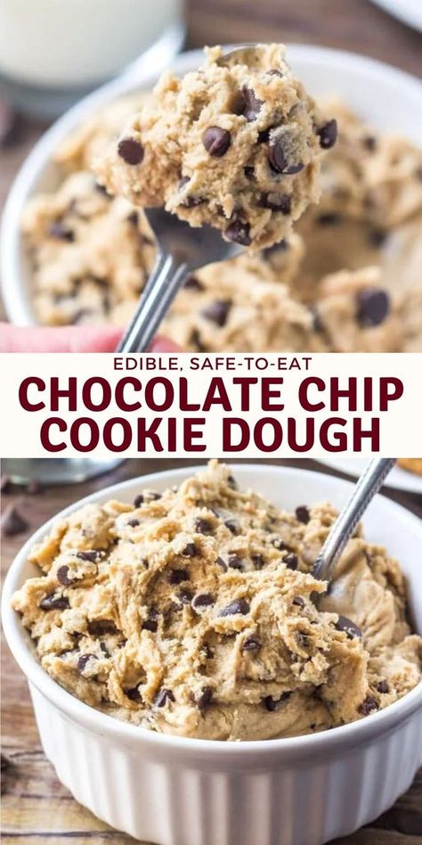 Edible Chocolate Chip Cookie Dough, Homemade Cookie Dough, Edible Cookie Dough Recipe, Cookie Dough Recipes, Edible Cookies, Edible Cookie Dough, Easy Baking Recipes Desserts, Baked Dessert Recipes, Fun Baking Recipes