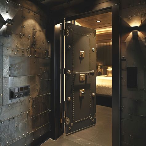 Discover the ultimate in security and style with our industrial panic room. The doorway, adorned with black metal and brass details, leads into a luxuriously rugged bedroom. A bed, reminiscent of Banksy's art, sits within a massive, vault-like space, showcasing heavy metal plates and multiple locks for maximum security. Safehouse Aesthetic, Cool Secret Rooms In Houses, Panic Rooms In Houses, Secret Room In Bedroom, Security Room Design, Panic Room Ideas, Mafia Bedroom, Safe Rooms In Houses, Home Armory